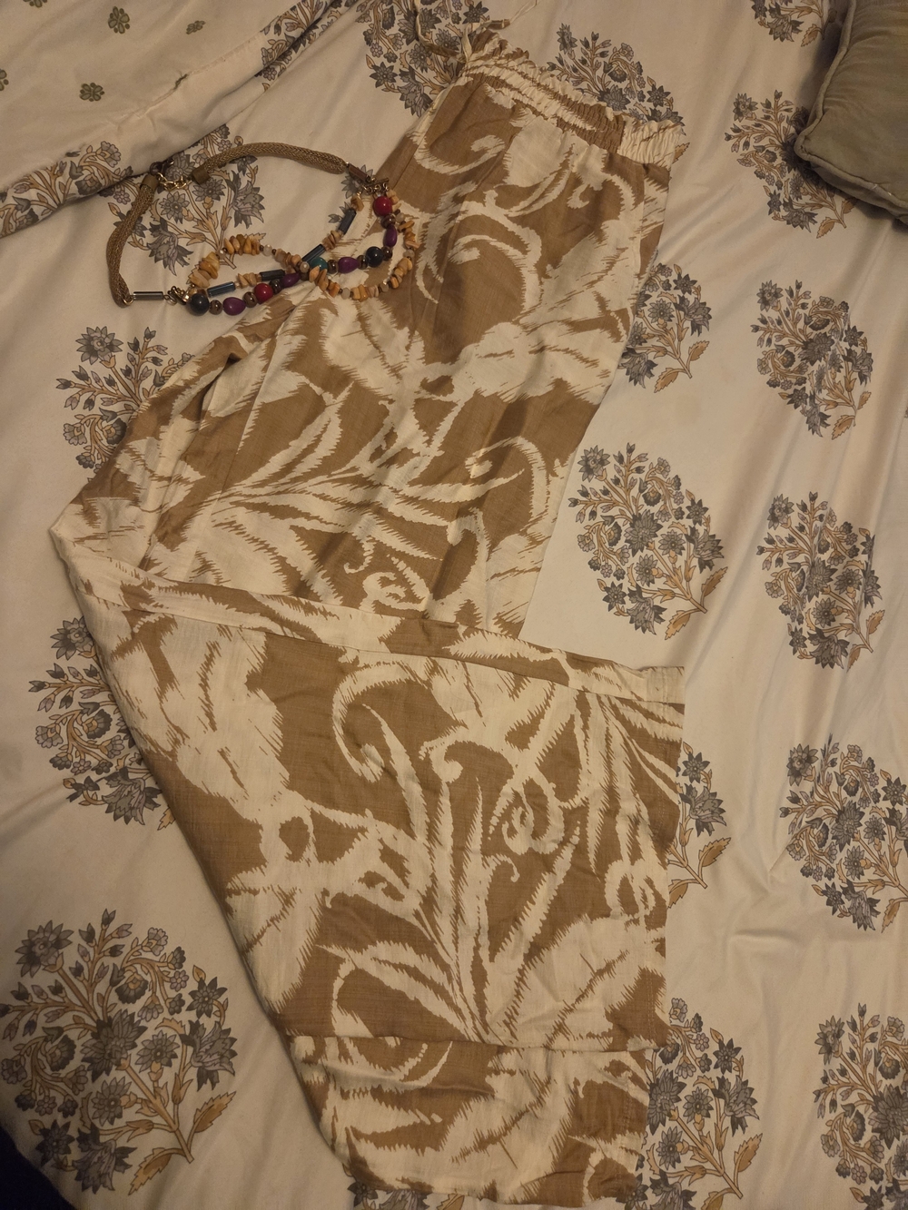 Live Scarlett Beige and White Patterned Wide-Leg Pants Suze Small